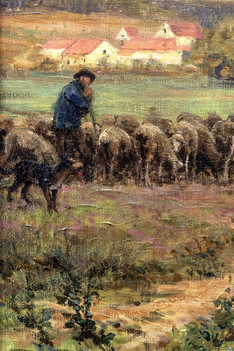 Théophile-louis Deyrolle – Shepherd And Flock At Dusk – Oil On Canvas – Signed-photo-2