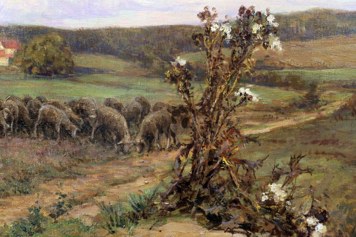 Théophile-louis Deyrolle – Shepherd And Flock At Dusk – Oil On Canvas – Signed-photo-3