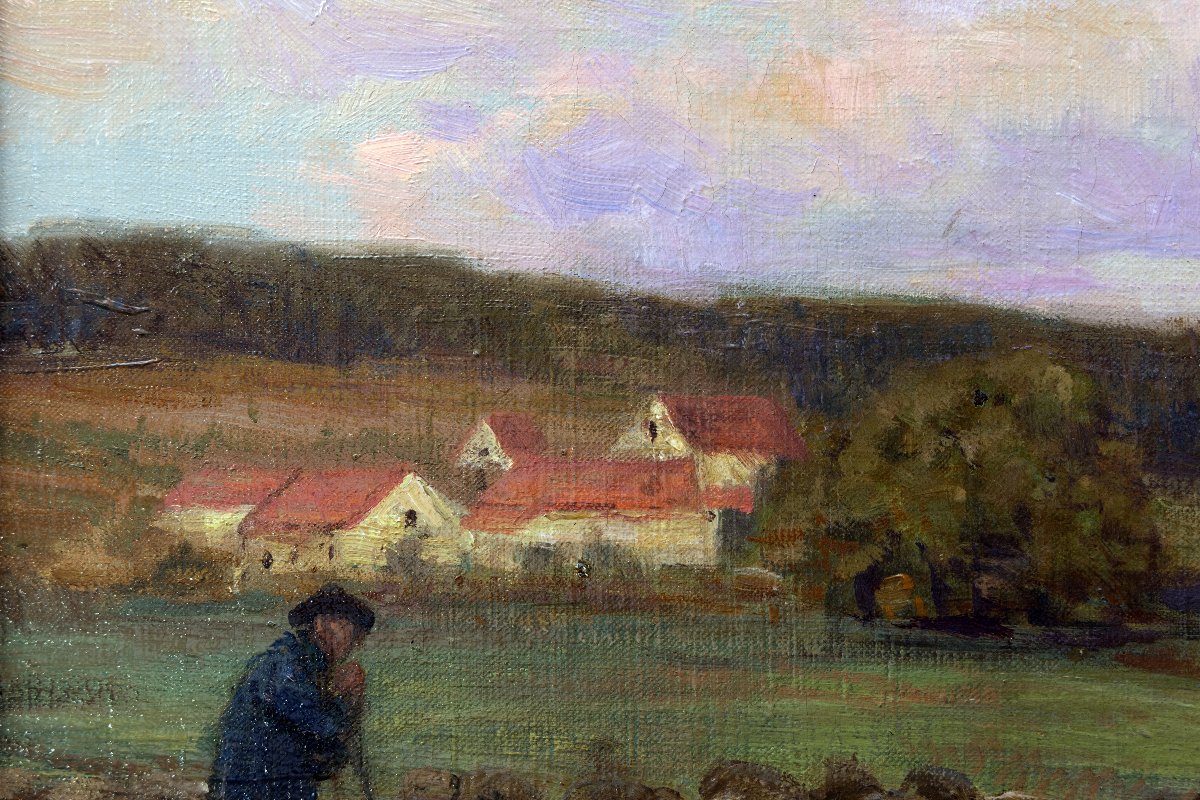 Théophile-louis Deyrolle – Shepherd And Flock At Dusk – Oil On Canvas – Signed-photo-4