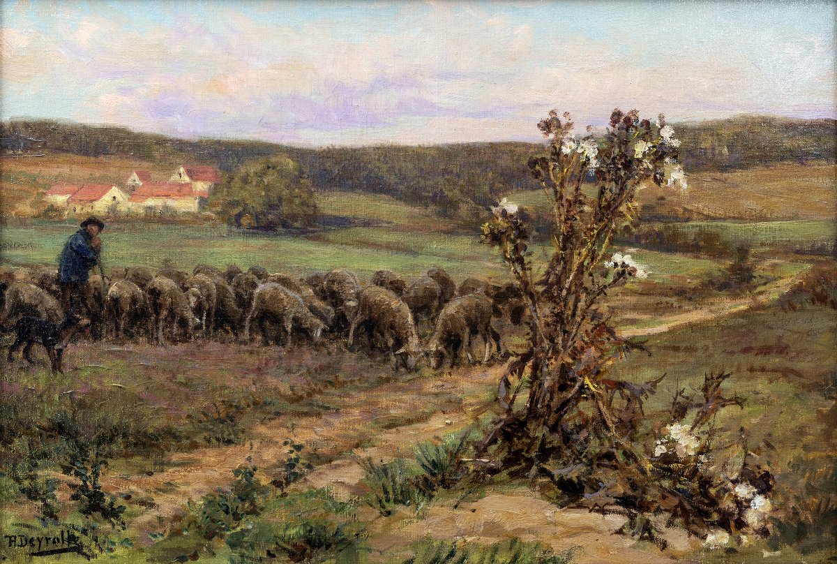 Théophile-louis Deyrolle – Shepherd And Flock At Dusk – Oil On Canvas – Signed