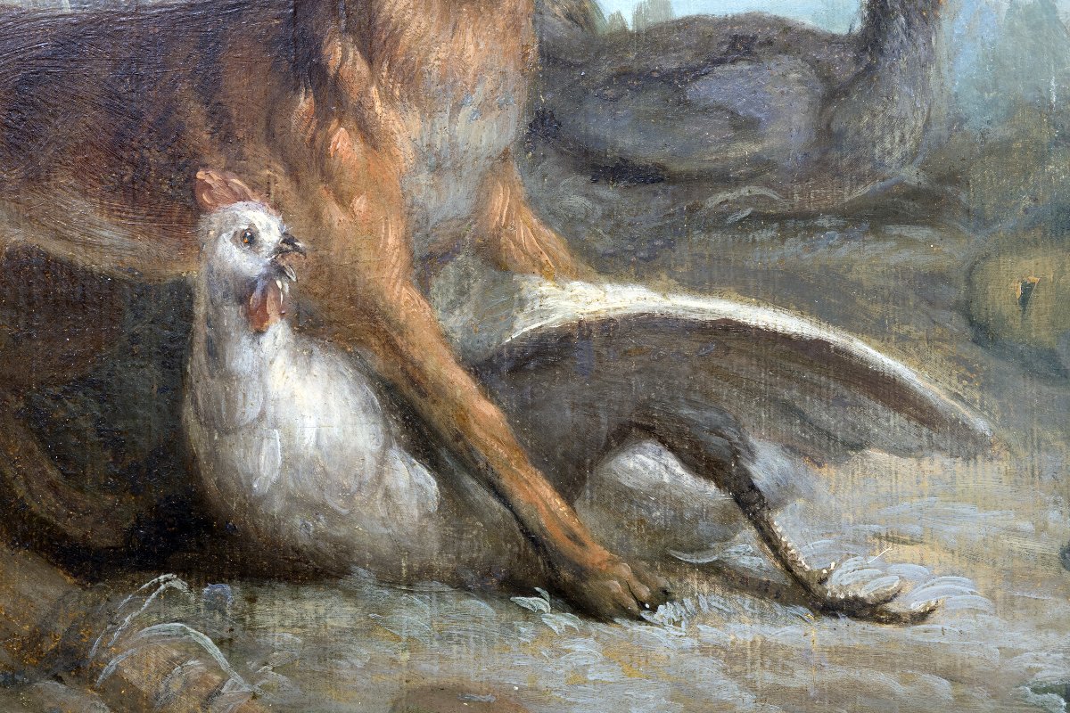 French Or Flemish School – Animal Scene With A Defending Rooster – Oil On Canvas -photo-1