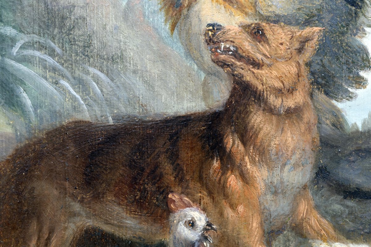 French Or Flemish School – Animal Scene With A Defending Rooster – Oil On Canvas -photo-2