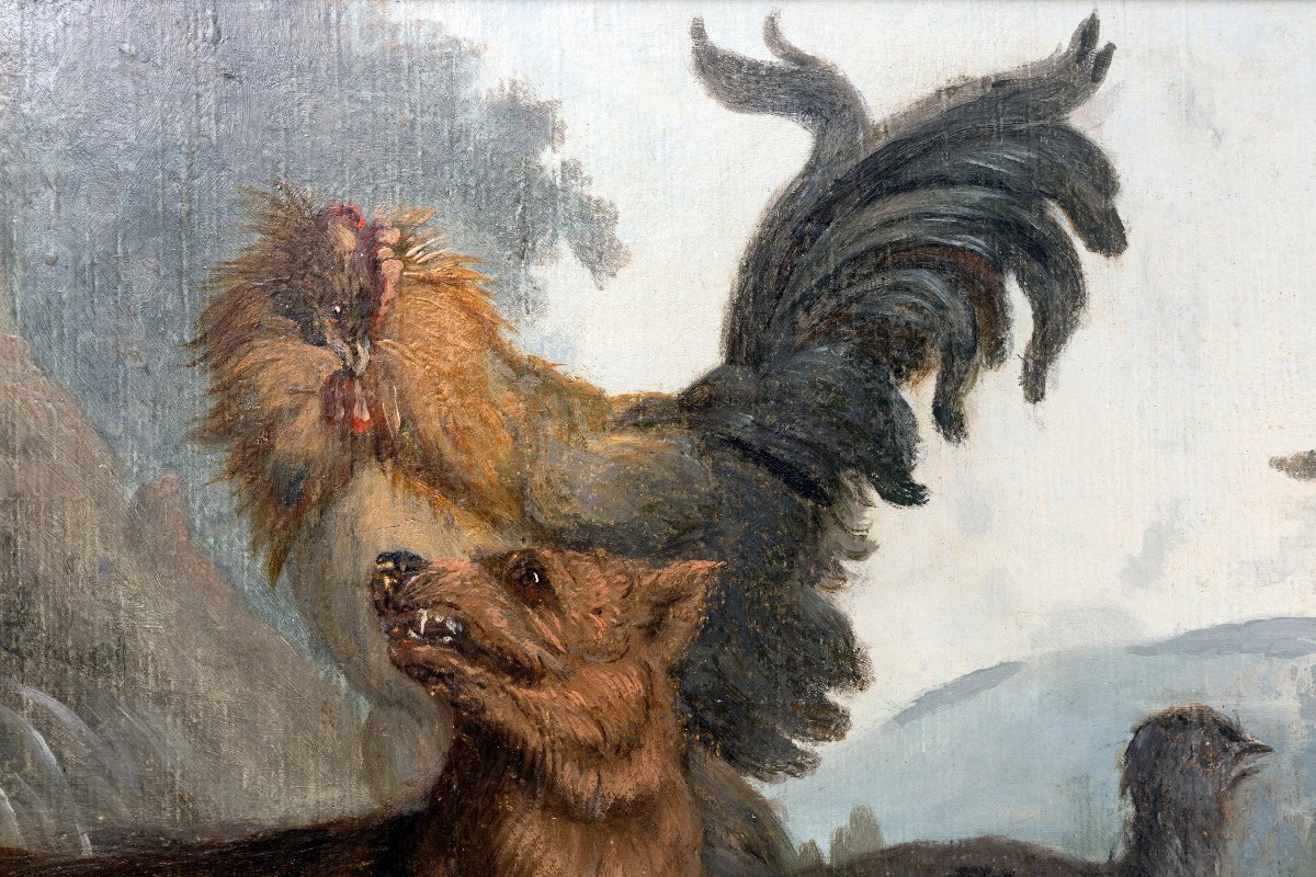 French Or Flemish School – Animal Scene With A Defending Rooster – Oil On Canvas -photo-3