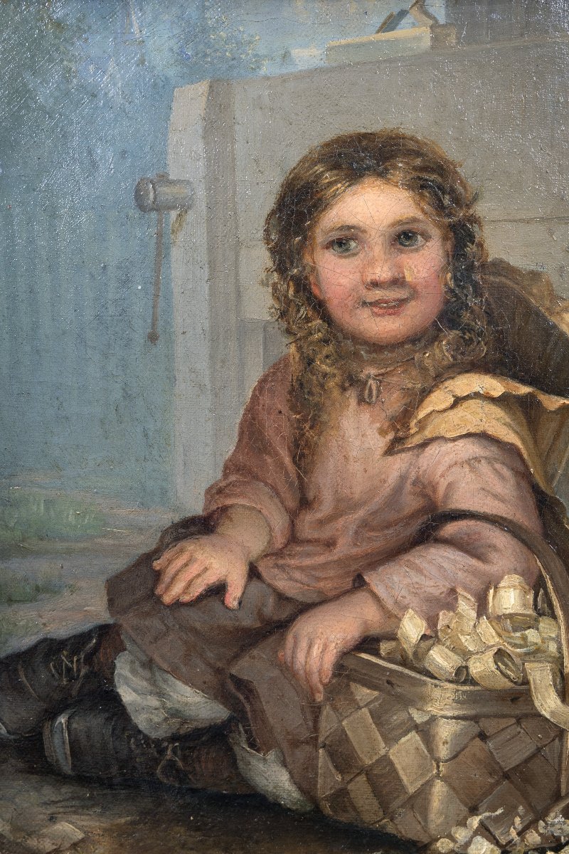 Ecole anglaise, vers 1850-70 – La petite marchande de copeaux – Huile sur toile -photo-1