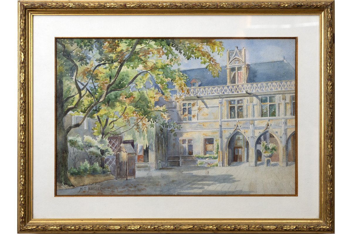 Marie-thérèse Dethan-roullet – Courtyard Of The Cluny Museum In Paris – Watercolor – Signed-photo-2