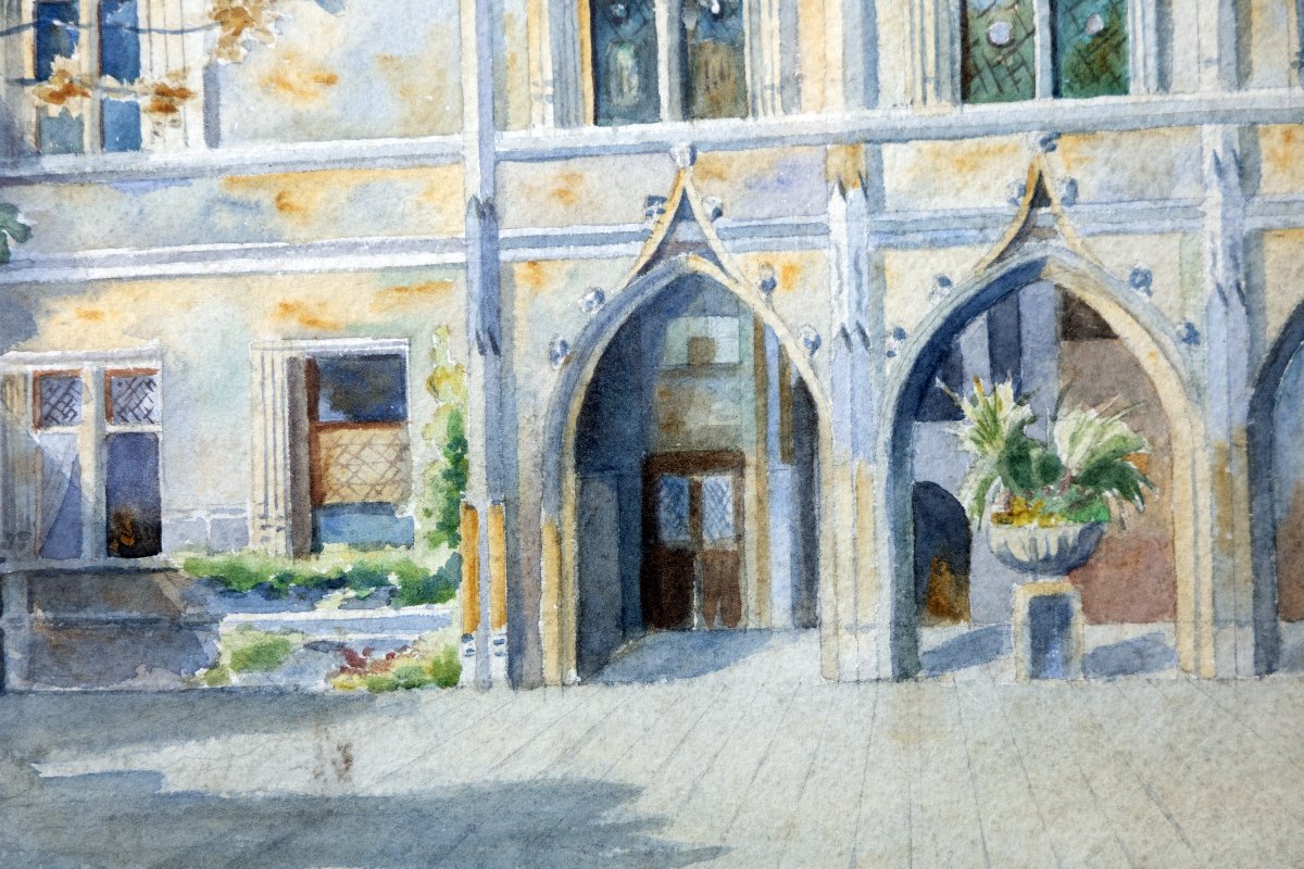 Marie-thérèse Dethan-roullet – Courtyard Of The Cluny Museum In Paris – Watercolor – Signed-photo-1