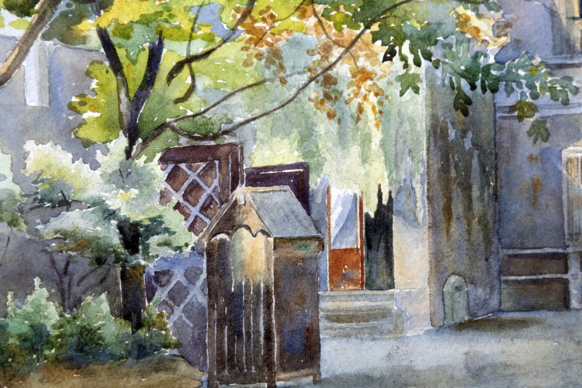 Marie-thérèse Dethan-roullet – Courtyard Of The Cluny Museum In Paris – Watercolor – Signed-photo-2