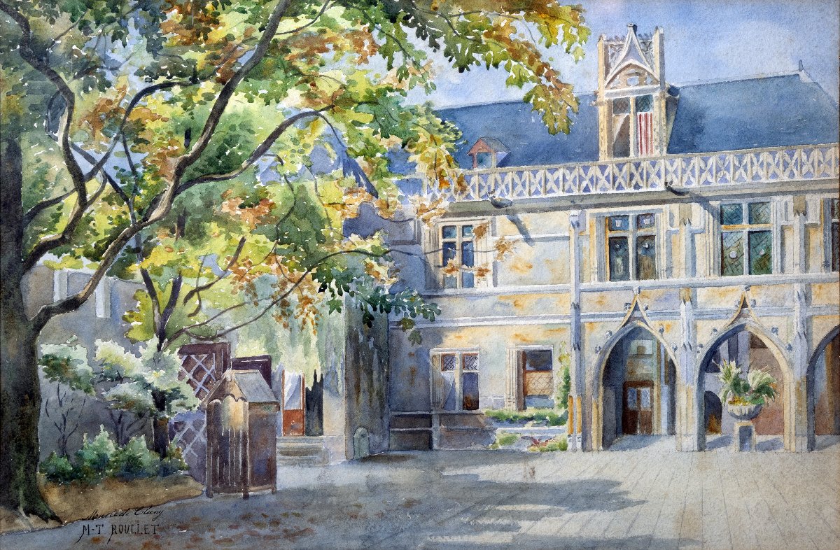 Marie-thérèse Dethan-roullet – Courtyard Of The Cluny Museum In Paris – Watercolor – Signed
