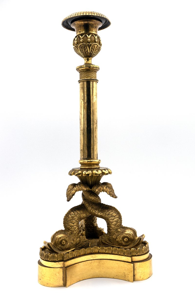 Gilded Bronze Torch With Three Dolphins – Restauration Period, Circa 1820–1830-photo-3