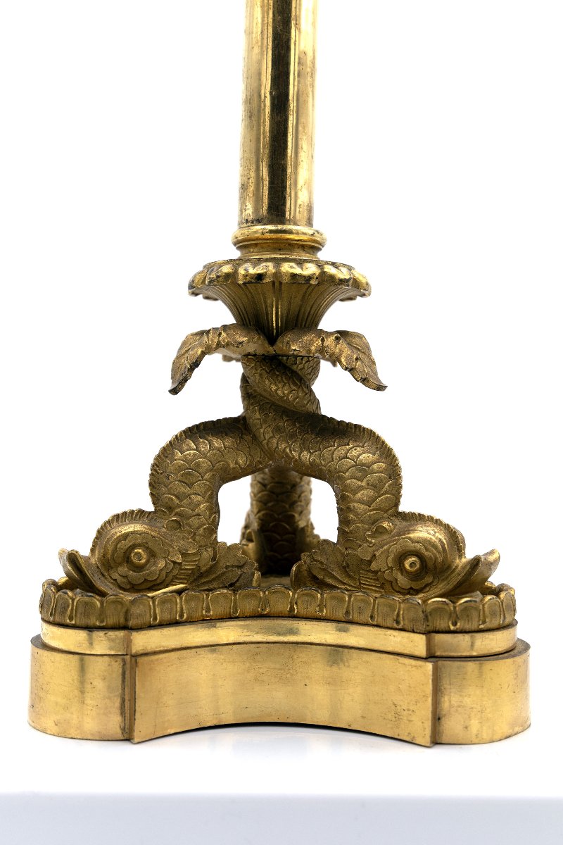 Gilded Bronze Torch With Three Dolphins – Restauration Period, Circa 1820–1830-photo-1