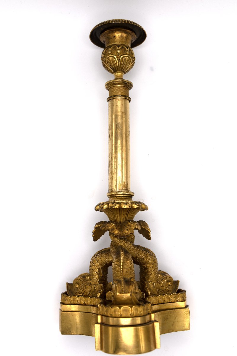 Gilded Bronze Torch With Three Dolphins – Restauration Period, Circa 1820–1830