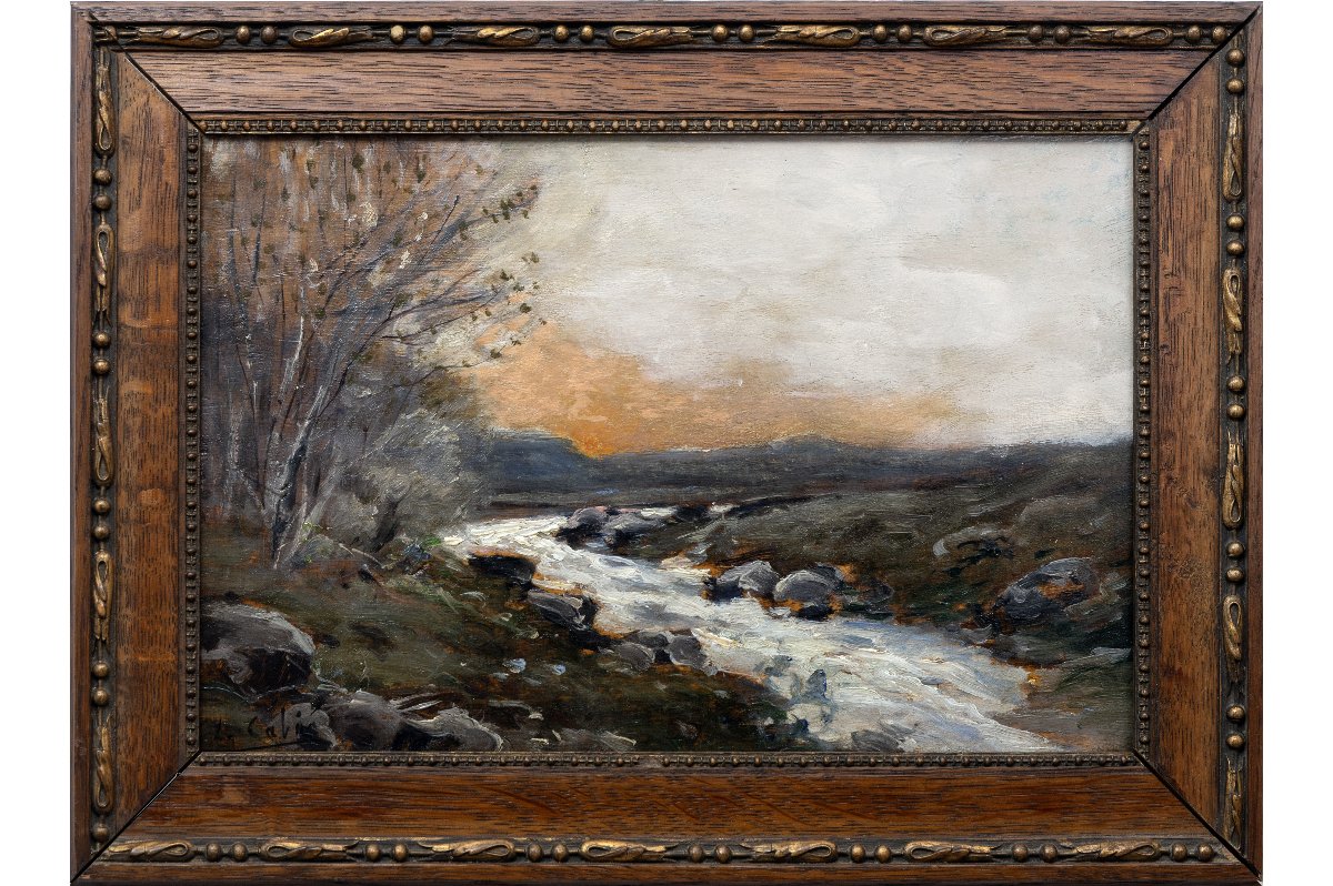 Louis-Alexandre CABIÉ – Le ruisseau au soleil couchant – Huile sur panneau – Signée-photo-2