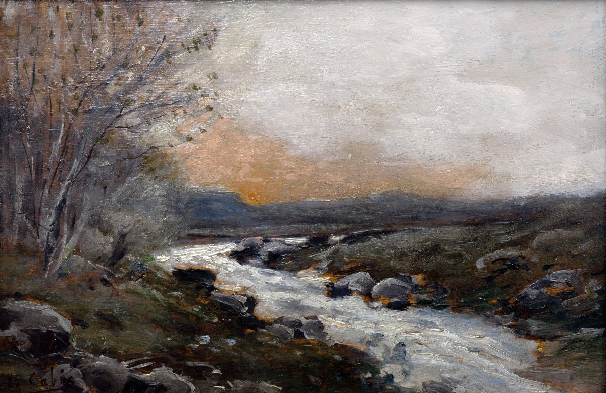 Louis-Alexandre CABIÉ – Le ruisseau au soleil couchant – Huile sur panneau – Signée