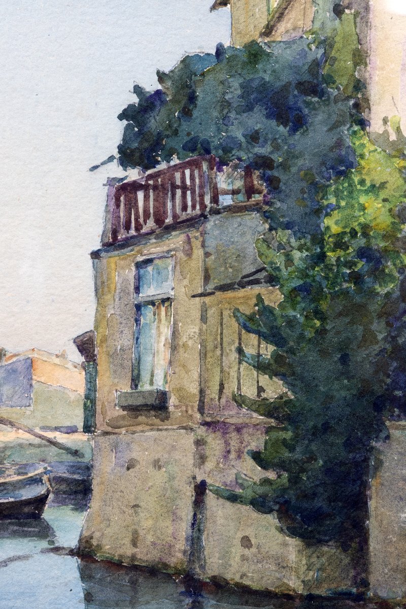 The Bird Mirror In Martigues – Watercolor Signed By Chaud – Early 20th Century-photo-1