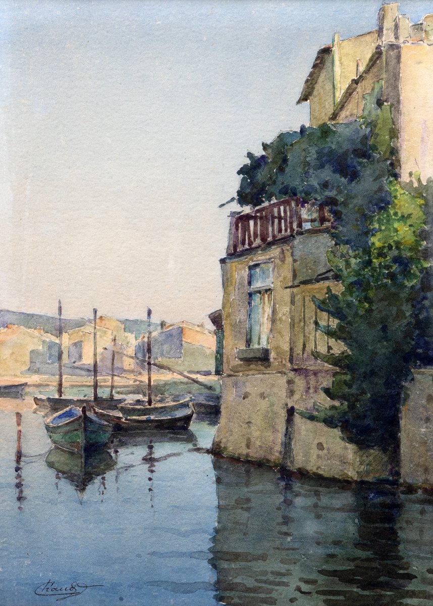 The Bird Mirror In Martigues – Watercolor Signed By Chaud – Early 20th Century