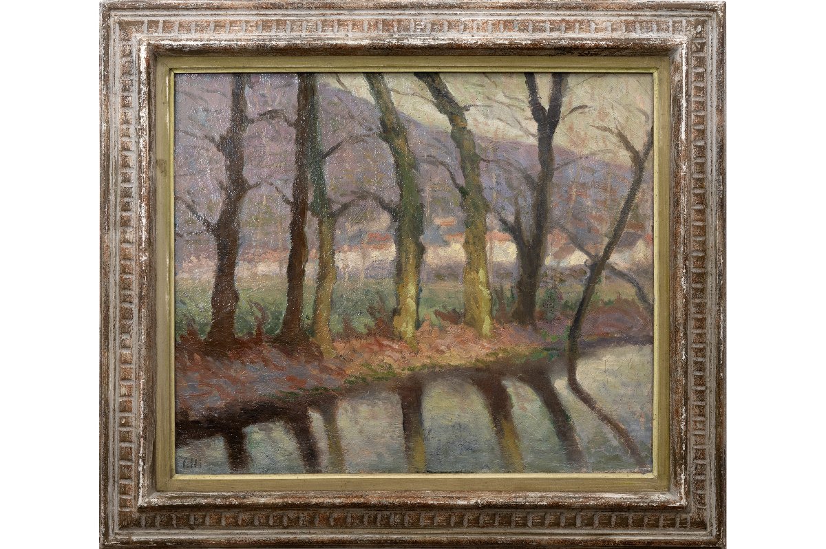 Row Of Trees Along The River – Oil On Canvas, Signed “colli” – Mid-20th Century-photo-2