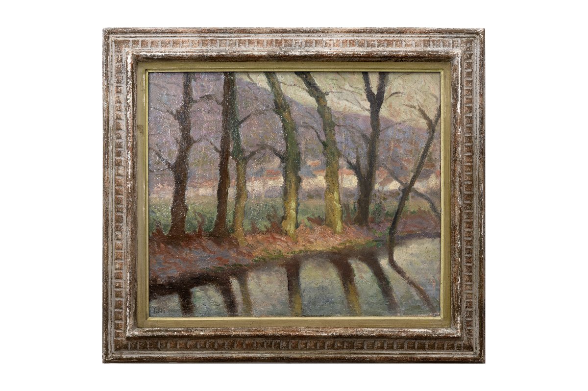Row Of Trees Along The River – Oil On Canvas, Signed “colli” – Mid-20th Century-photo-6