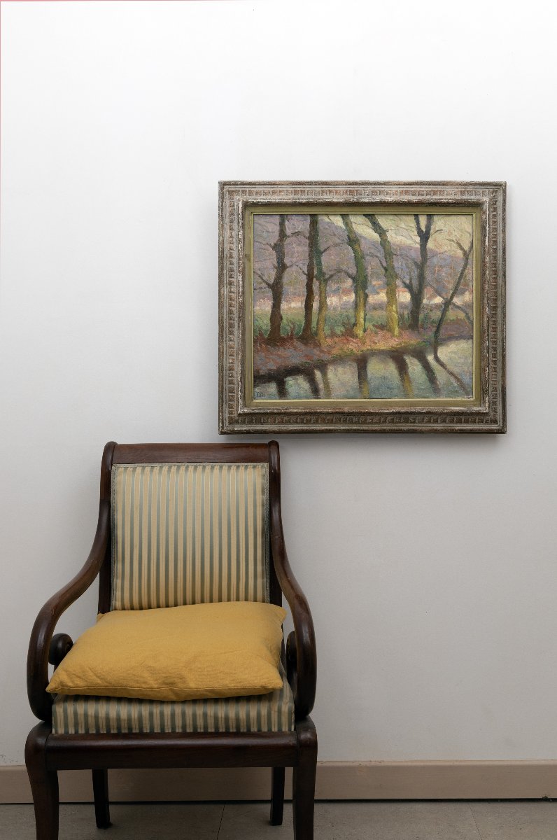 Row Of Trees Along The River – Oil On Canvas, Signed “colli” – Mid-20th Century-photo-7