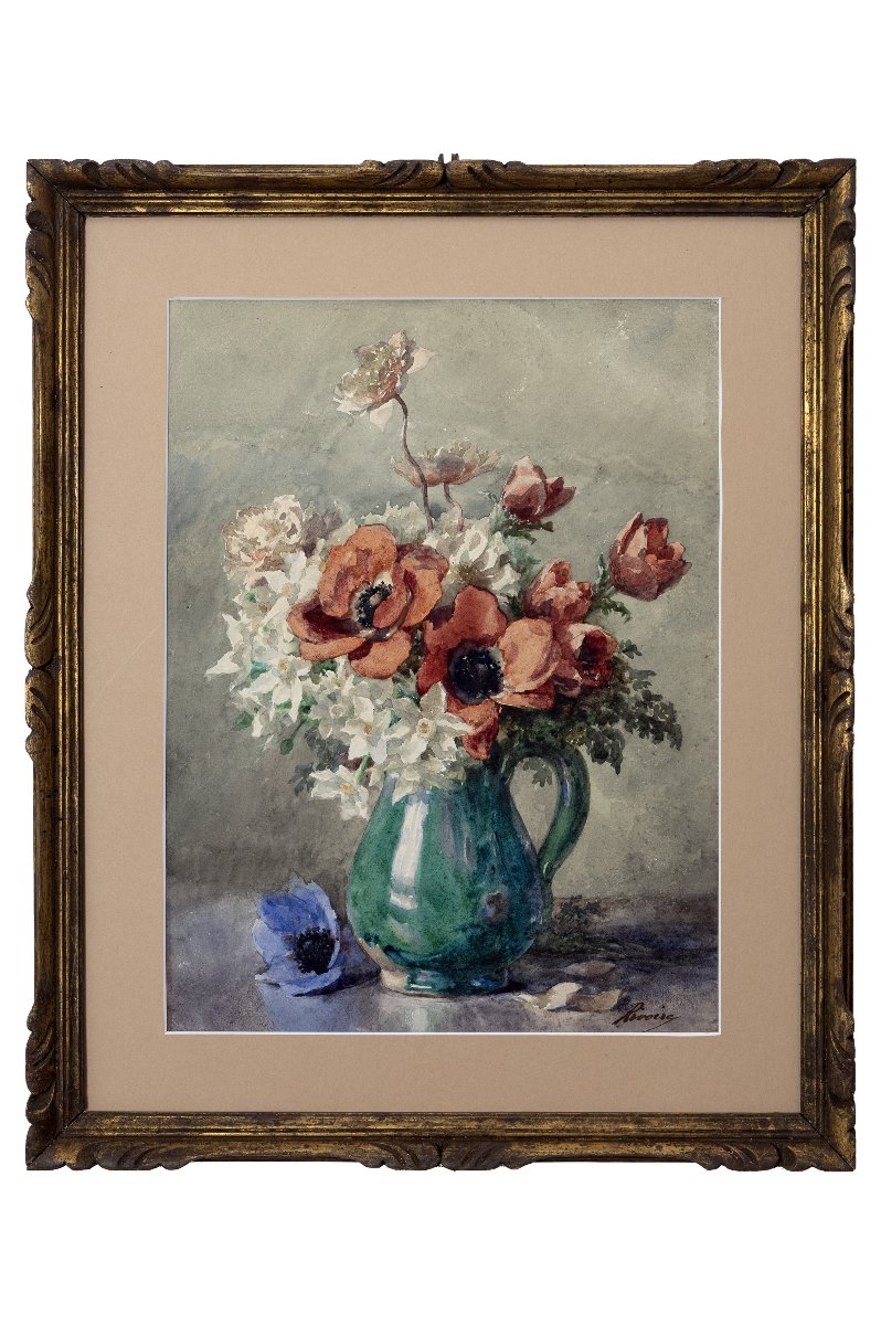 François Rivoire – Bouquet Of Anemones And Daffodils – Watercolor – Signed – Circa 1900-photo-2