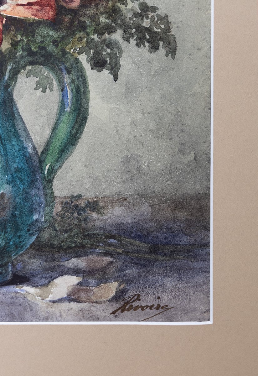 François Rivoire – Bouquet Of Anemones And Daffodils – Watercolor – Signed – Circa 1900-photo-3