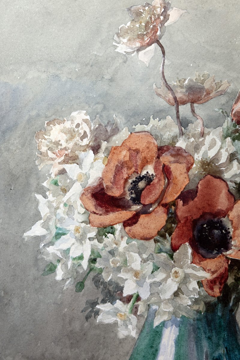François Rivoire – Bouquet Of Anemones And Daffodils – Watercolor – Signed – Circa 1900-photo-2