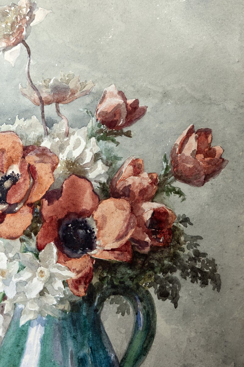 François Rivoire – Bouquet Of Anemones And Daffodils – Watercolor – Signed – Circa 1900-photo-3