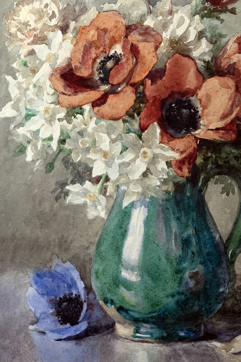 François Rivoire – Bouquet Of Anemones And Daffodils – Watercolor – Signed – Circa 1900-photo-4