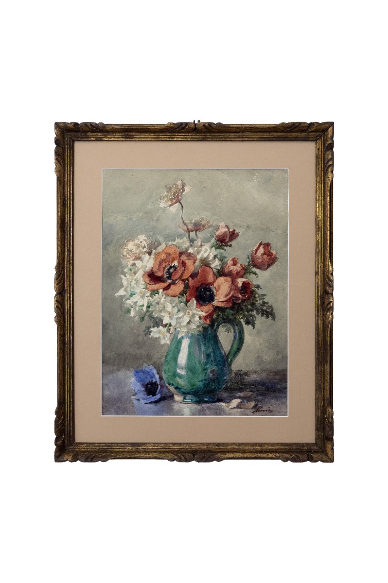 François Rivoire – Bouquet Of Anemones And Daffodils – Watercolor – Signed – Circa 1900-photo-5