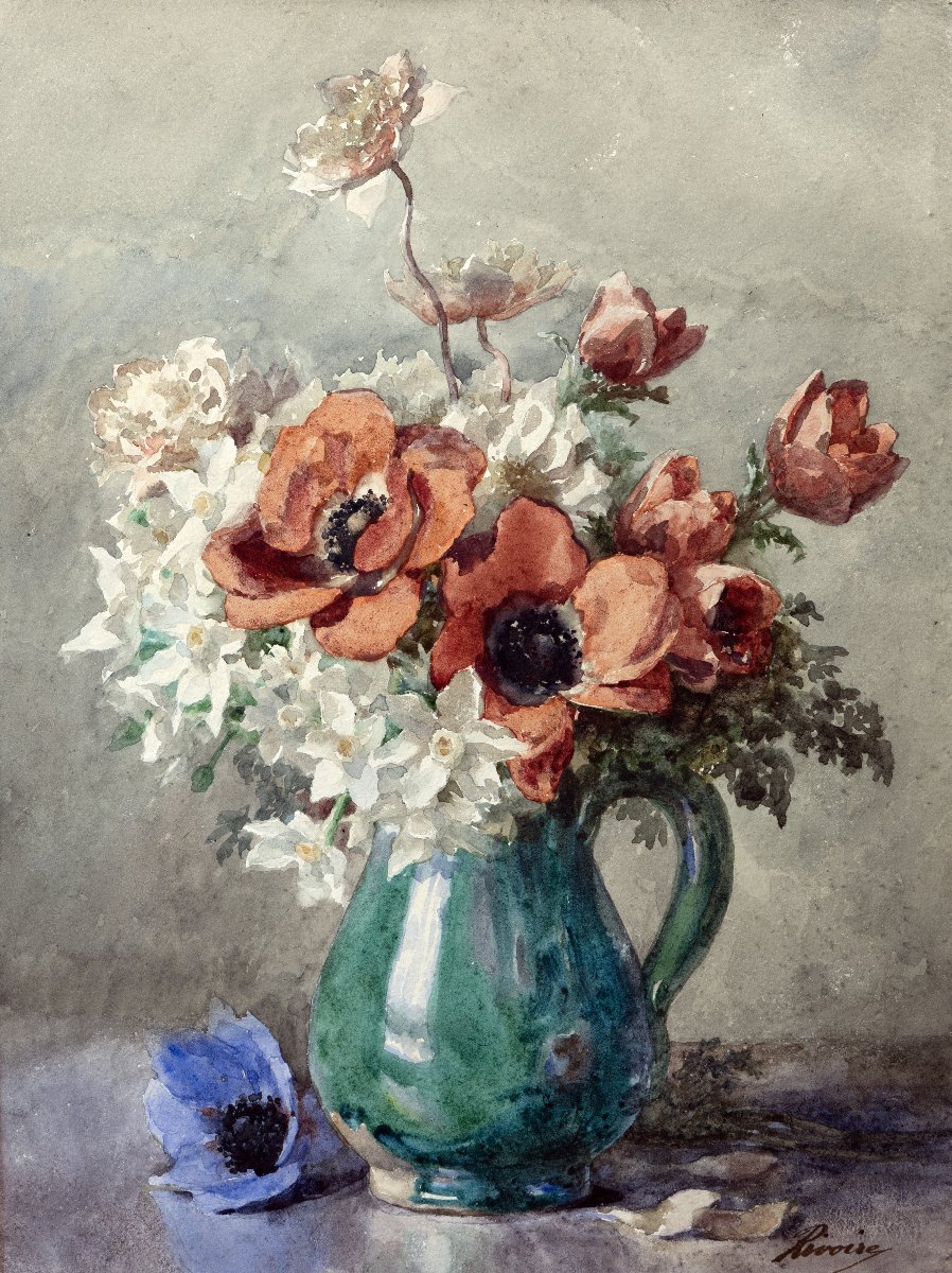 François Rivoire – Bouquet Of Anemones And Daffodils – Watercolor – Signed – Circa 1900