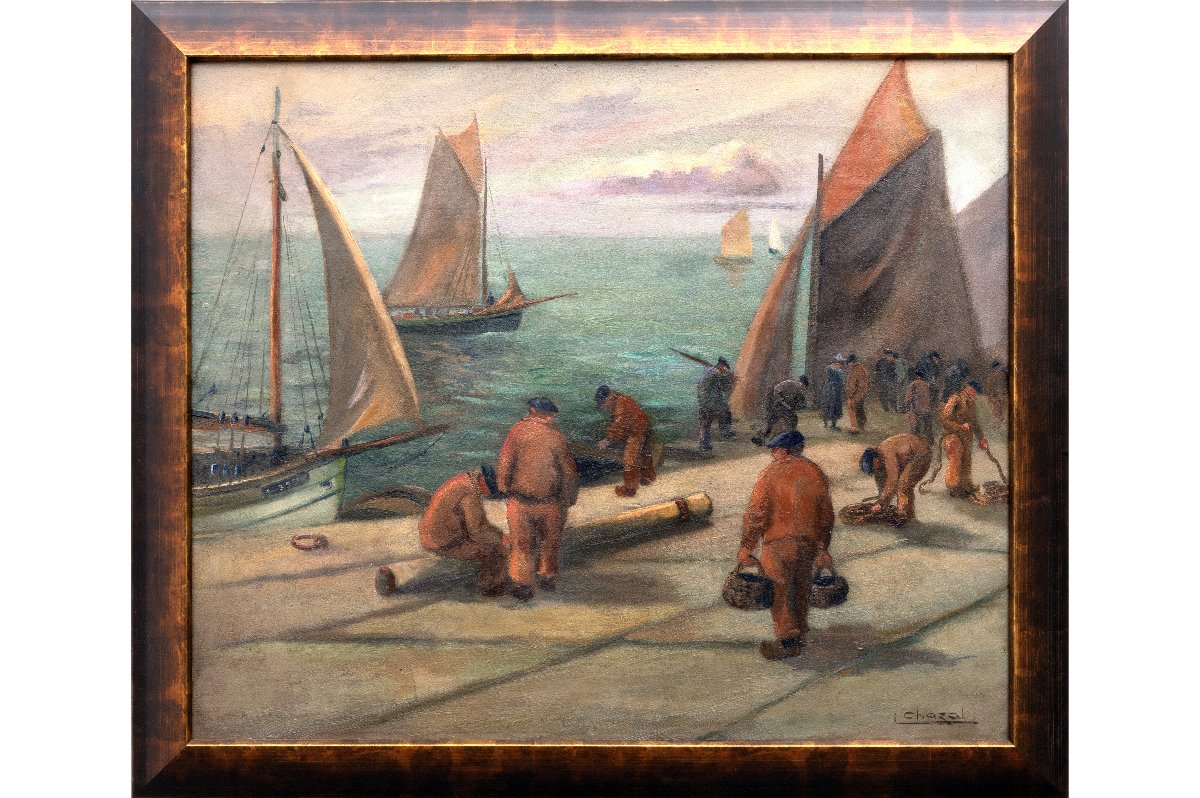 Louis Chazal – Sailors On The Pier In Concarneau, Ca. 1930 – Oil On Canvas – Signed-photo-2