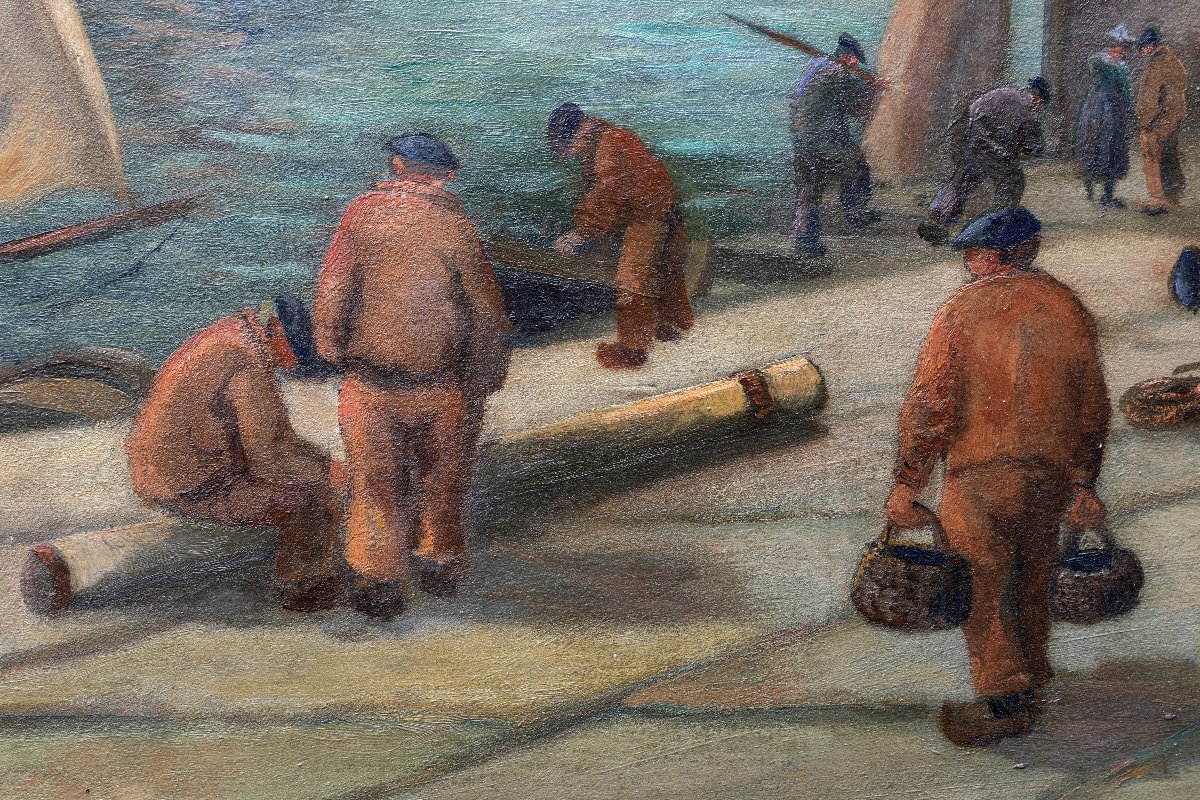 Louis Chazal – Sailors On The Pier In Concarneau, Ca. 1930 – Oil On Canvas – Signed-photo-1