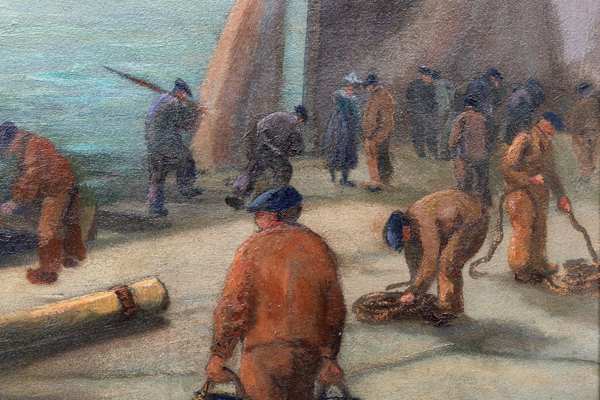 Louis Chazal – Sailors On The Pier In Concarneau, Ca. 1930 – Oil On Canvas – Signed-photo-2
