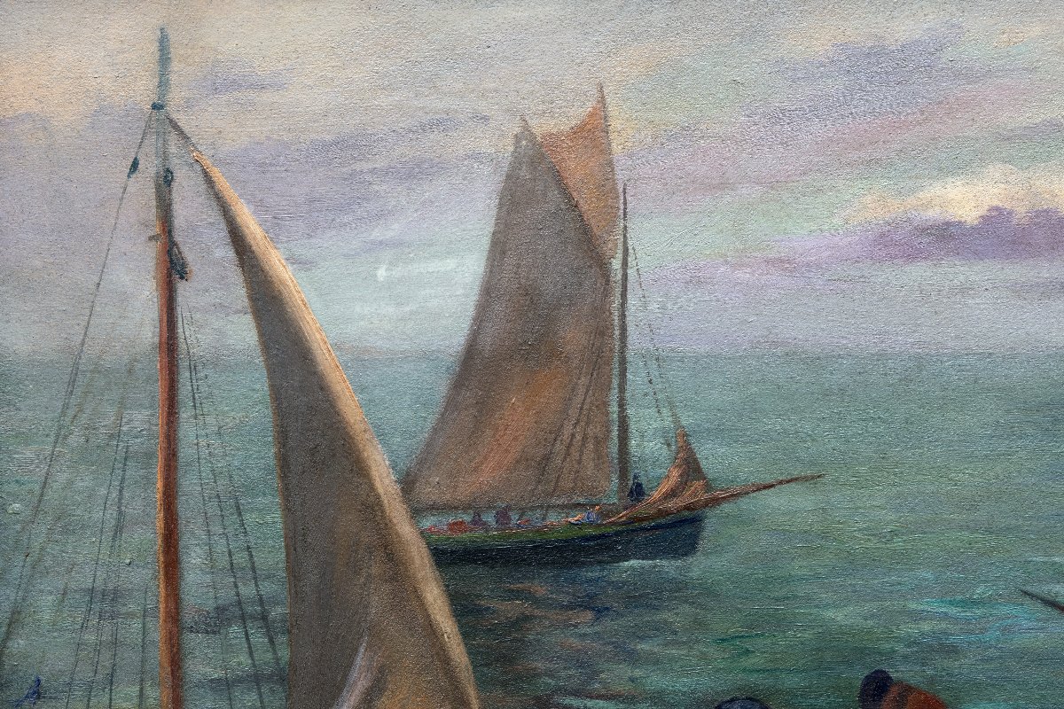 Louis Chazal – Sailors On The Pier In Concarneau, Ca. 1930 – Oil On Canvas – Signed-photo-3