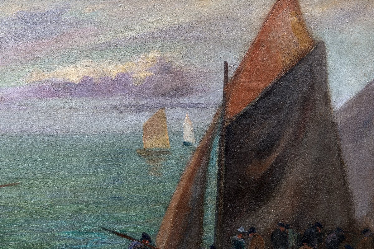 Louis Chazal – Sailors On The Pier In Concarneau, Ca. 1930 – Oil On Canvas – Signed-photo-4