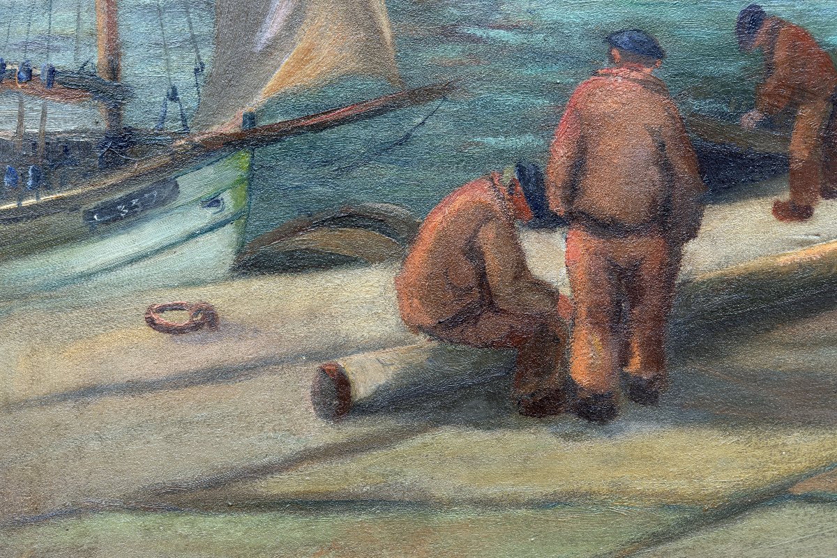Louis Chazal – Sailors On The Pier In Concarneau, Ca. 1930 – Oil On Canvas – Signed-photo-5