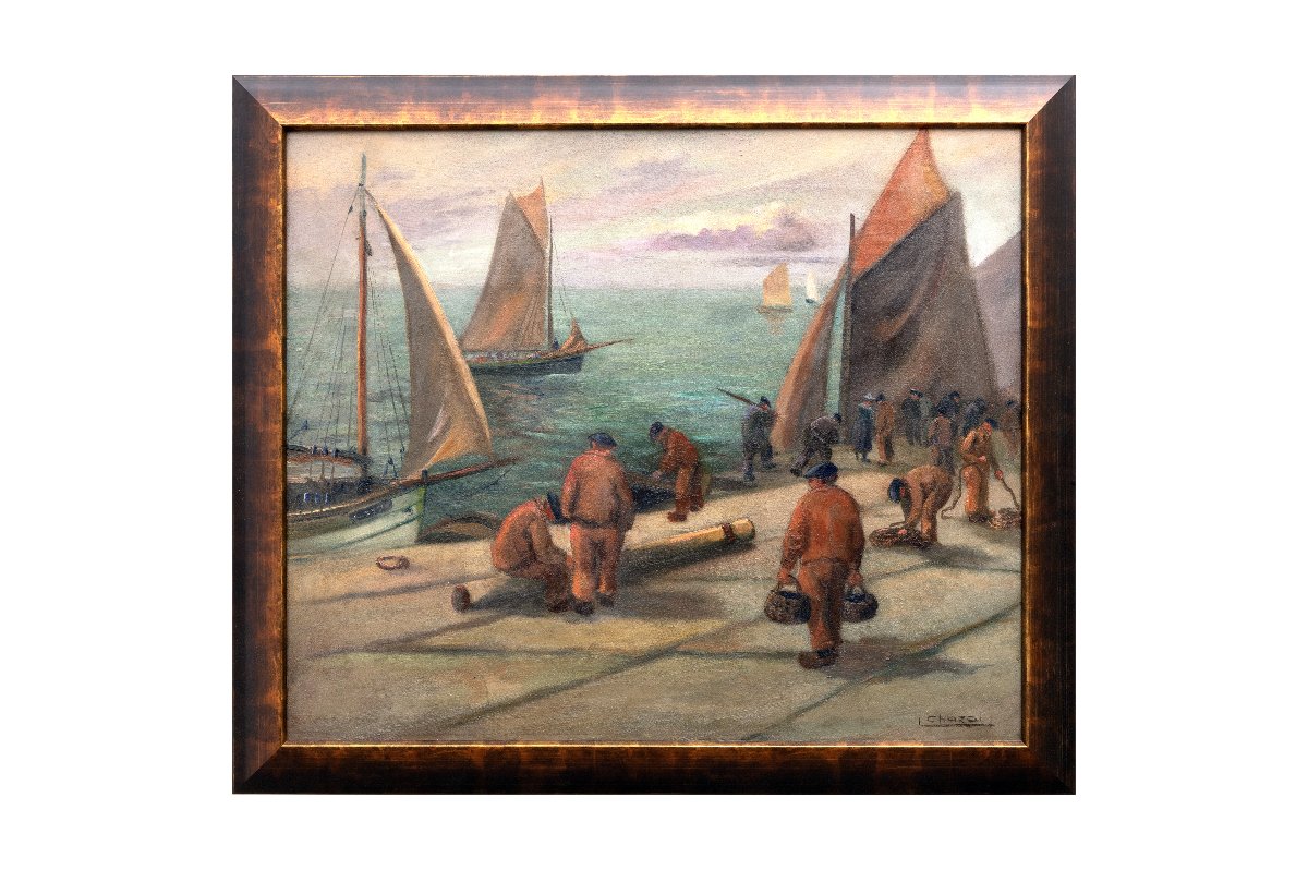 Louis Chazal – Sailors On The Pier In Concarneau, Ca. 1930 – Oil On Canvas – Signed-photo-6