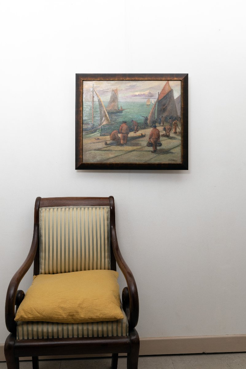 Louis Chazal – Sailors On The Pier In Concarneau, Ca. 1930 – Oil On Canvas – Signed-photo-7
