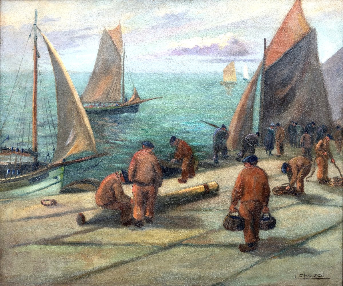 Louis Chazal – Sailors On The Pier In Concarneau, Ca. 1930 – Oil On Canvas – Signed