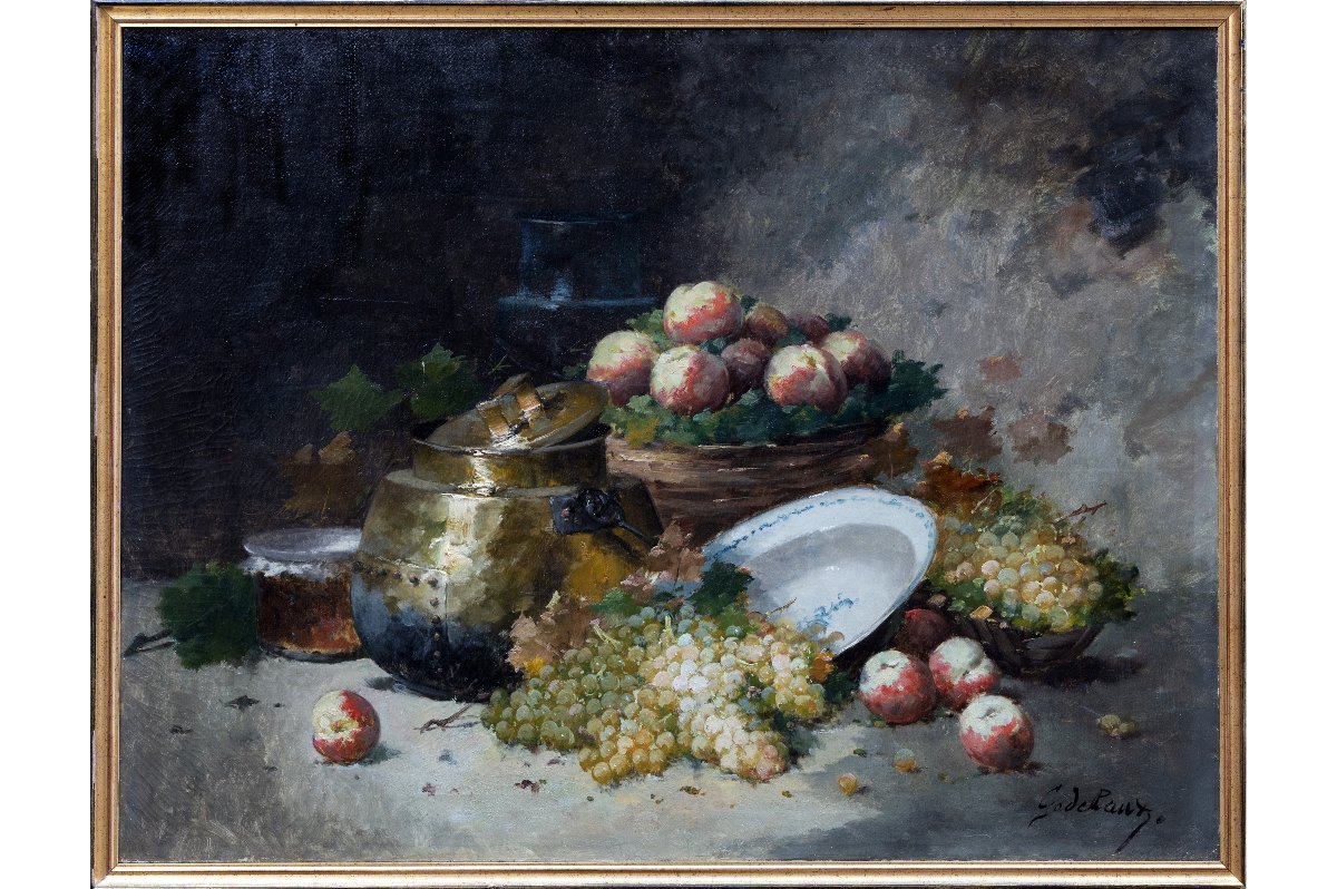 Emile GODCHAUX – Nature morte aux raisins et aux pêches – Huile sur toile 116 x 89 cm – Signée-photo-2