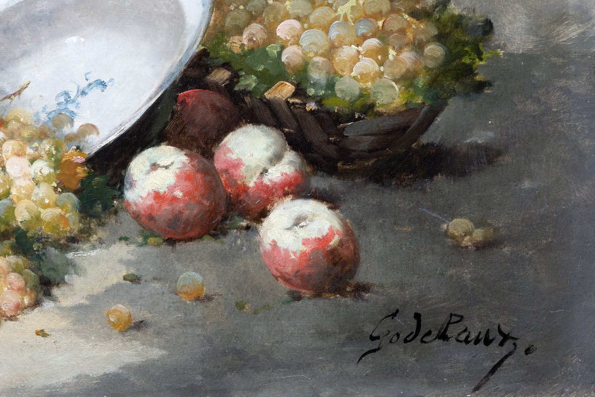 Emile GODCHAUX – Nature morte aux raisins et aux pêches – Huile sur toile 116 x 89 cm – Signée-photo-3
