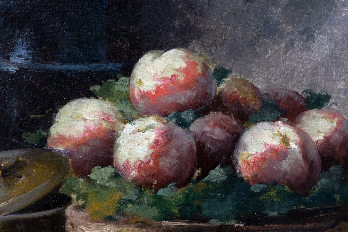 Emile GODCHAUX – Nature morte aux raisins et aux pêches – Huile sur toile 116 x 89 cm – Signée-photo-1
