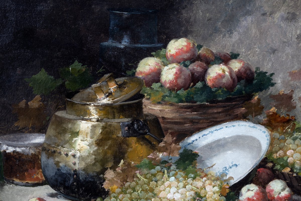 Emile GODCHAUX – Nature morte aux raisins et aux pêches – Huile sur toile 116 x 89 cm – Signée-photo-2