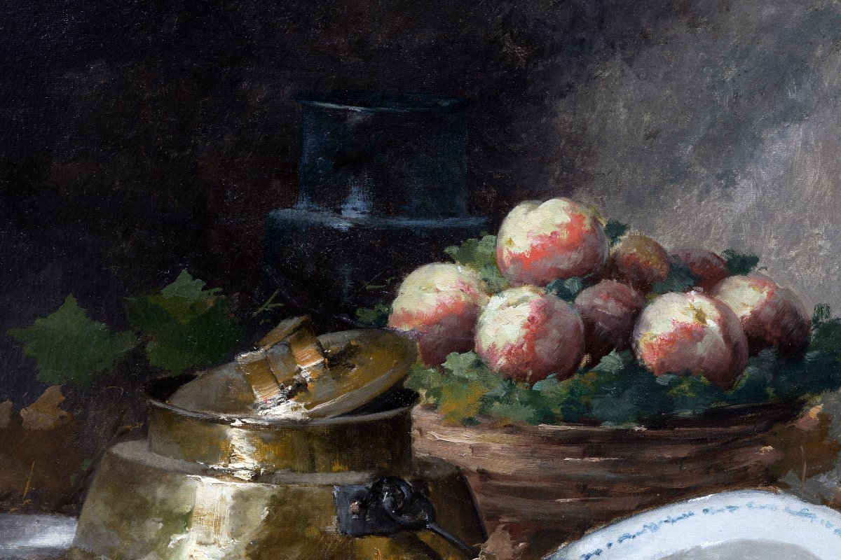 Emile GODCHAUX – Nature morte aux raisins et aux pêches – Huile sur toile 116 x 89 cm – Signée-photo-3