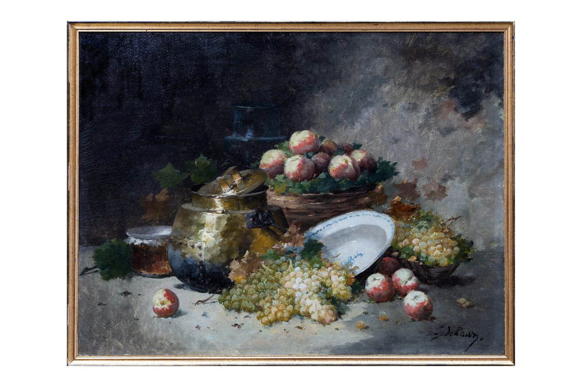 Emile GODCHAUX – Nature morte aux raisins et aux pêches – Huile sur toile 116 x 89 cm – Signée-photo-6