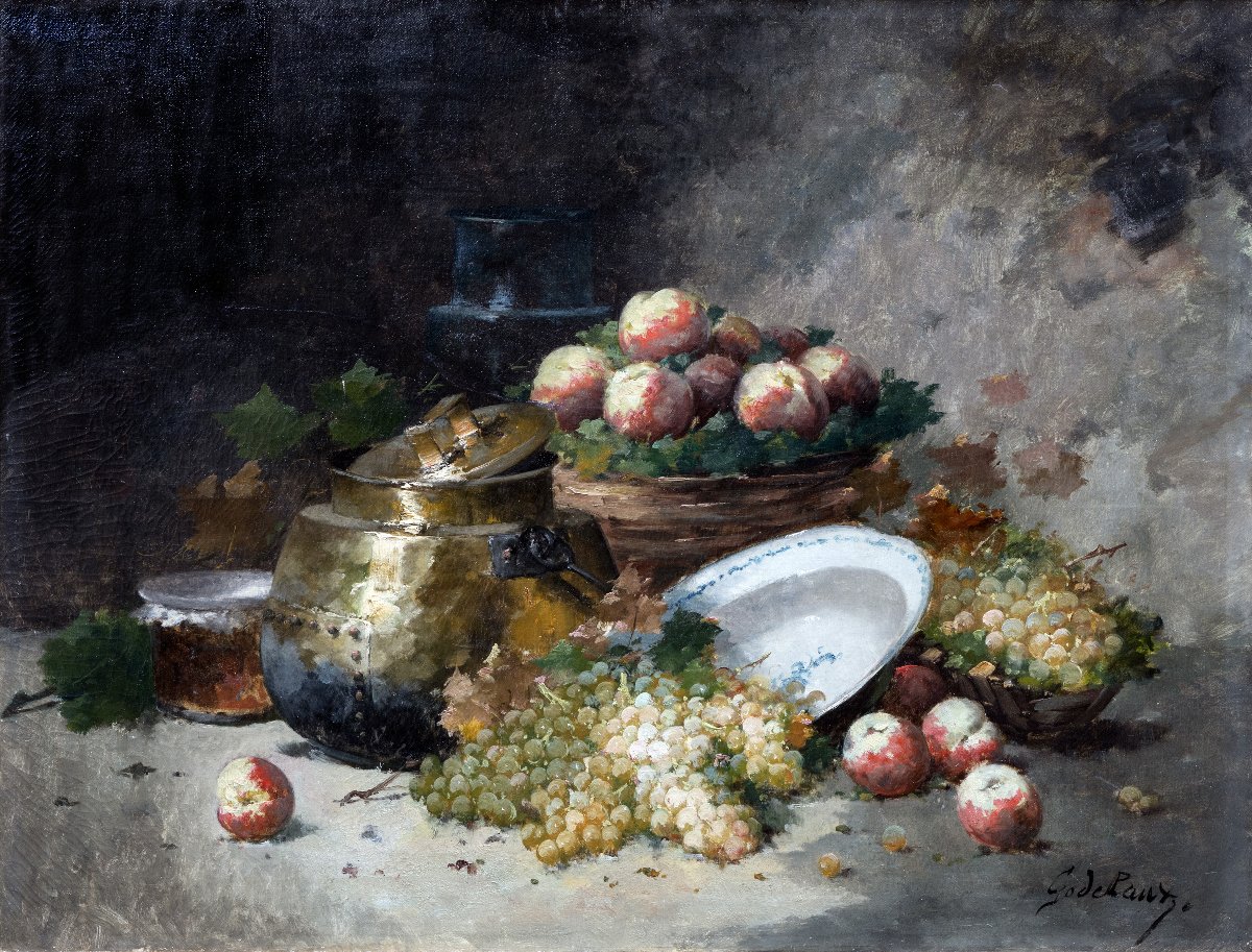 Emile GODCHAUX – Nature morte aux raisins et aux pêches – Huile sur toile 116 x 89 cm – Signée