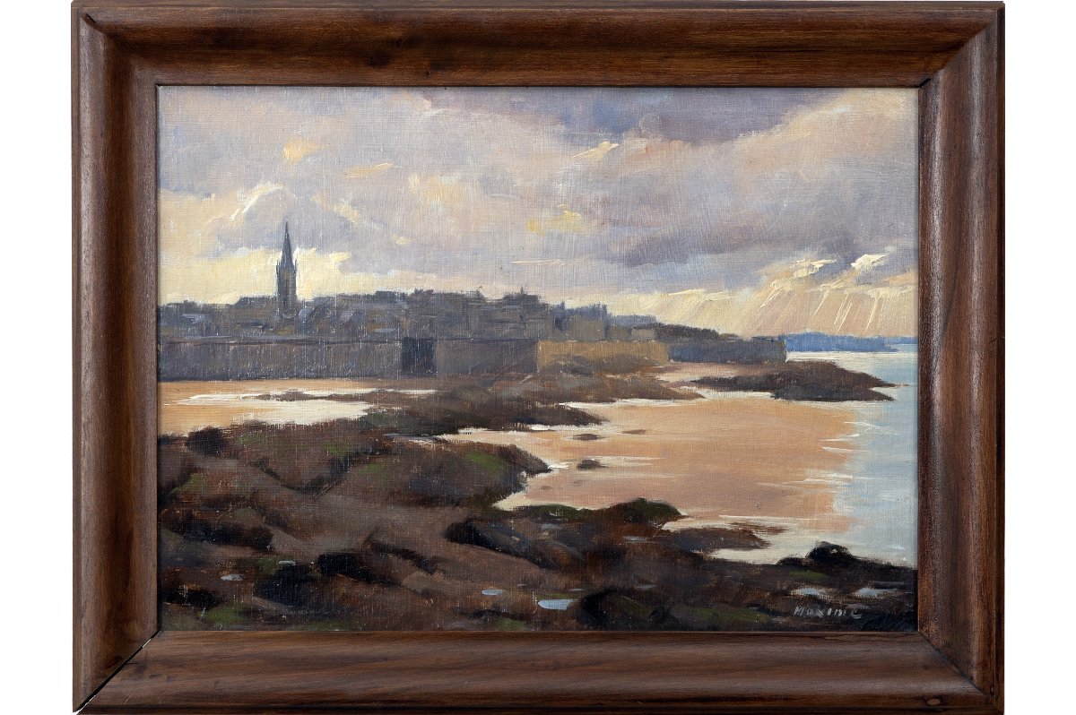 Maxime VOYET – Saint Malo, la ville close à marée basse– Huile sur carton – Signée-photo-2
