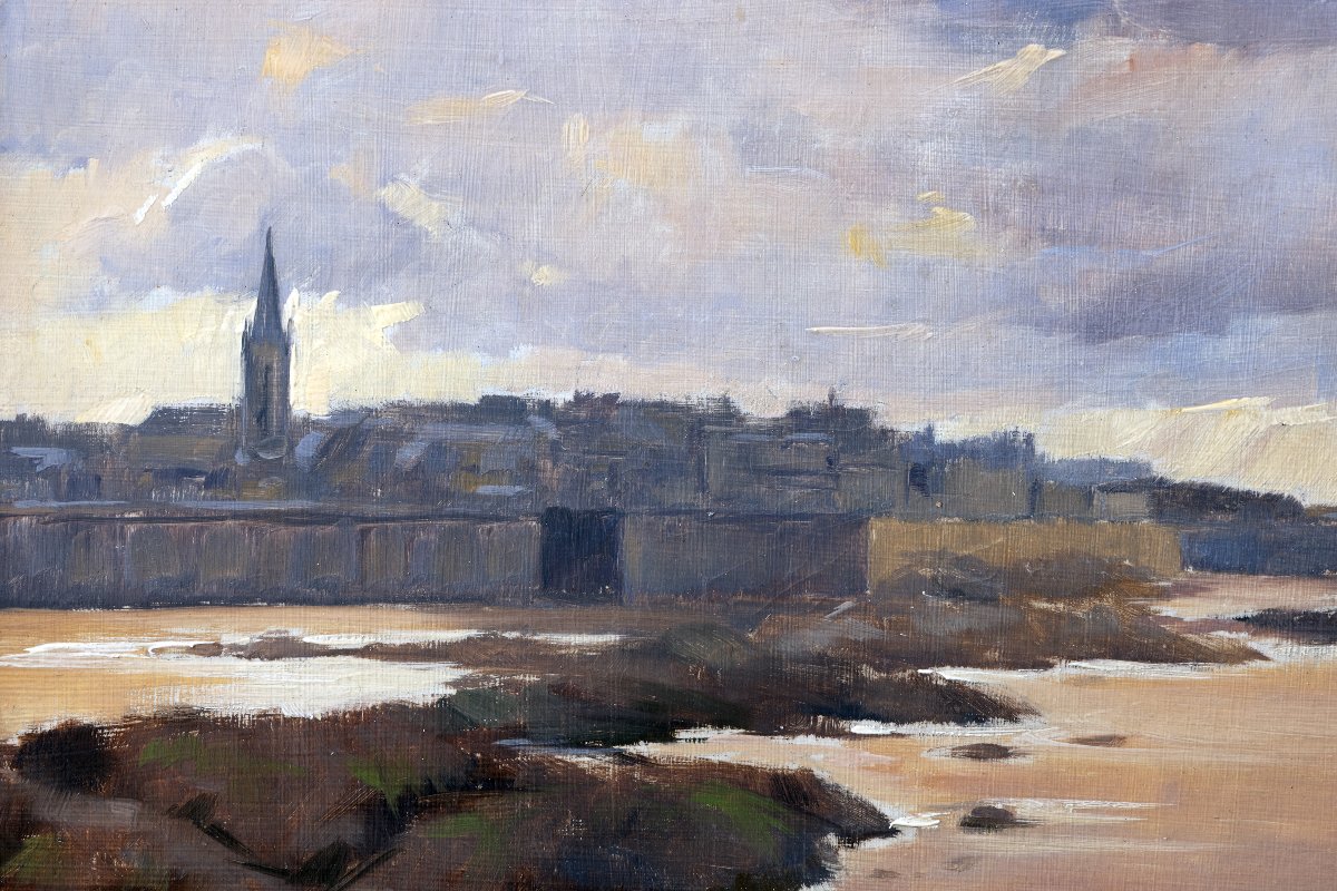 Maxime VOYET – Saint Malo, la ville close à marée basse– Huile sur carton – Signée-photo-1