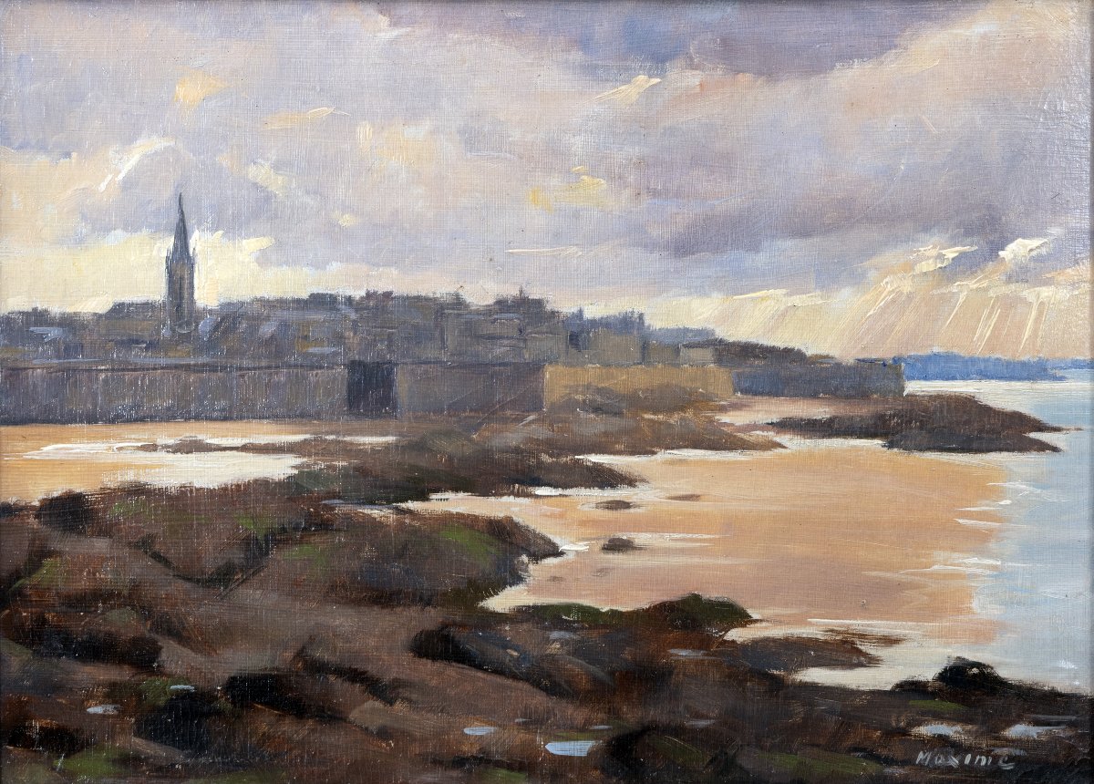 Maxime VOYET – Saint Malo, la ville close à marée basse– Huile sur carton – Signée