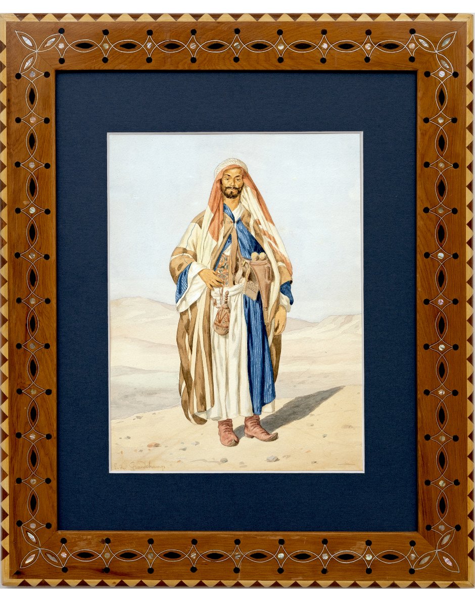 Louis Emile Pinel De Grandchamp - Bedouin In The Desert - Watercolor - Circa 1860–65 - Signed