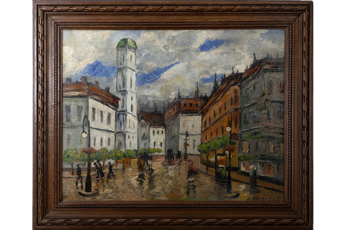 Raymon PÉRISSE – Place animée d’une ville de Lorraine, vers 1935 – Huile sur panneau – Signée-photo-2